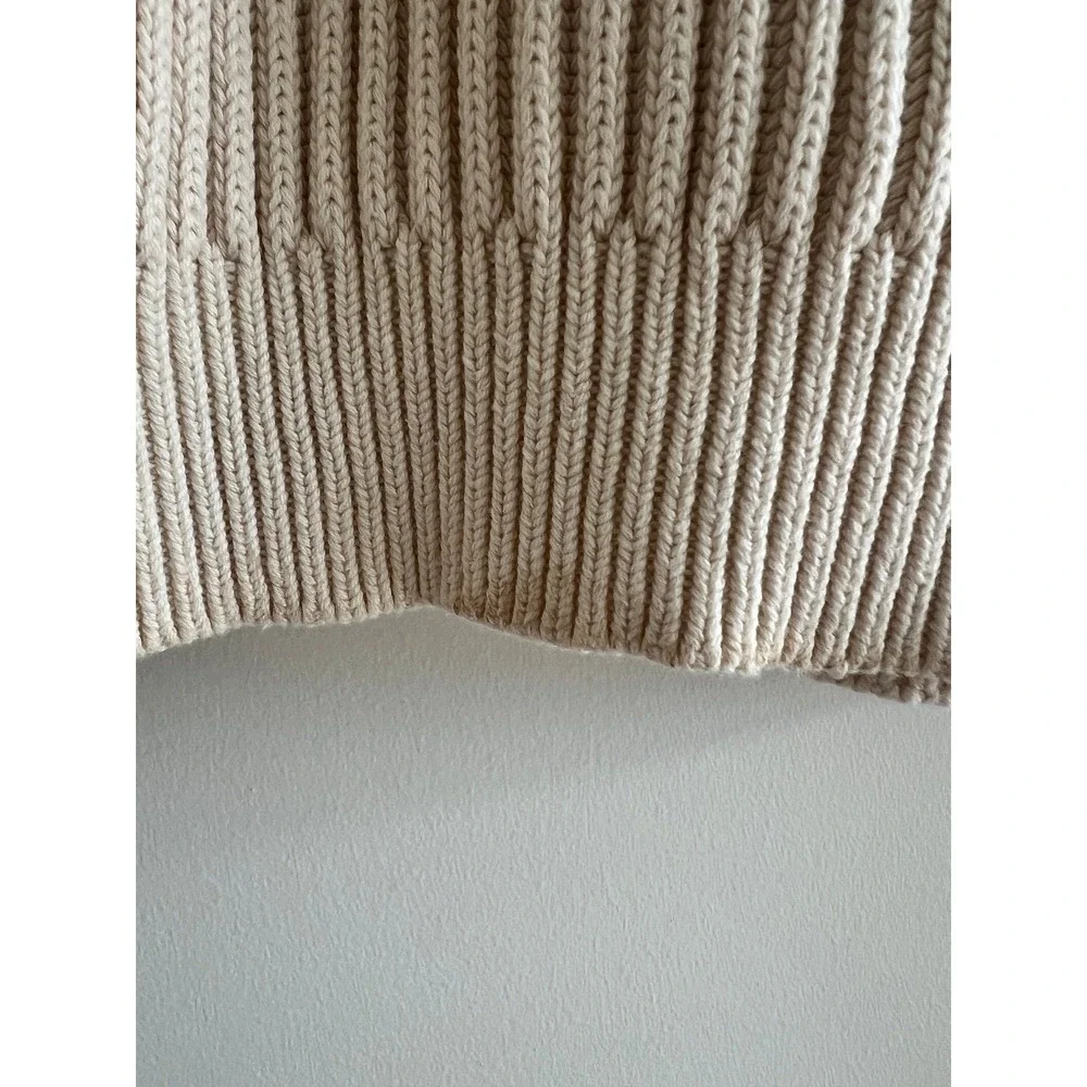 LL Bean Mens L Tall Cream Chunky Ribbed Cotton Crewneck Sweater Preppy Cabincore